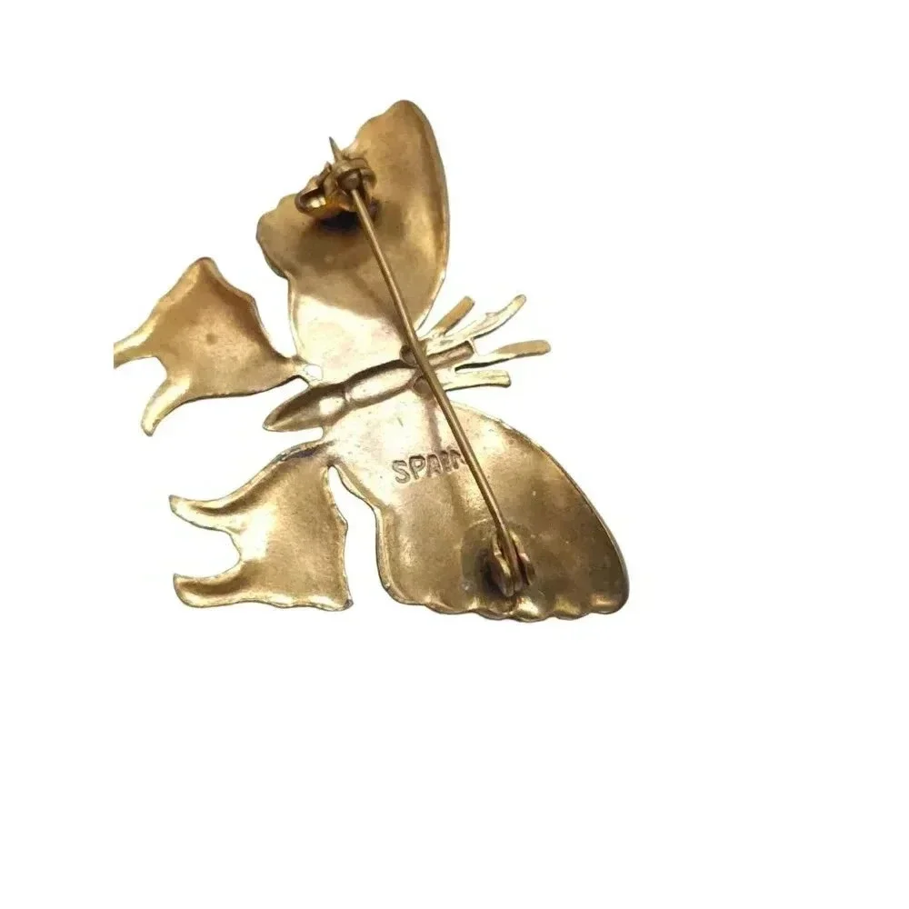 Spain Damascene Multicolor Enamel Textured Butterfly Brooch Pin Vintage